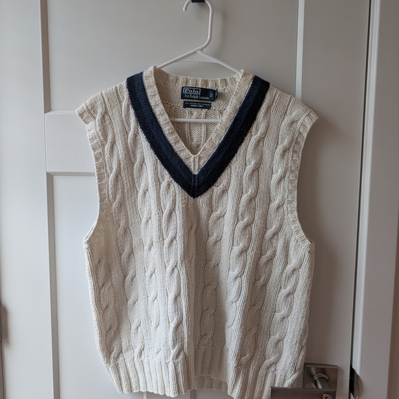 Ralph Lauren Sweaters - HAND KNIT - Ralph Lauren Cream Cable V-Neck Sweater Vest with Navy Trim